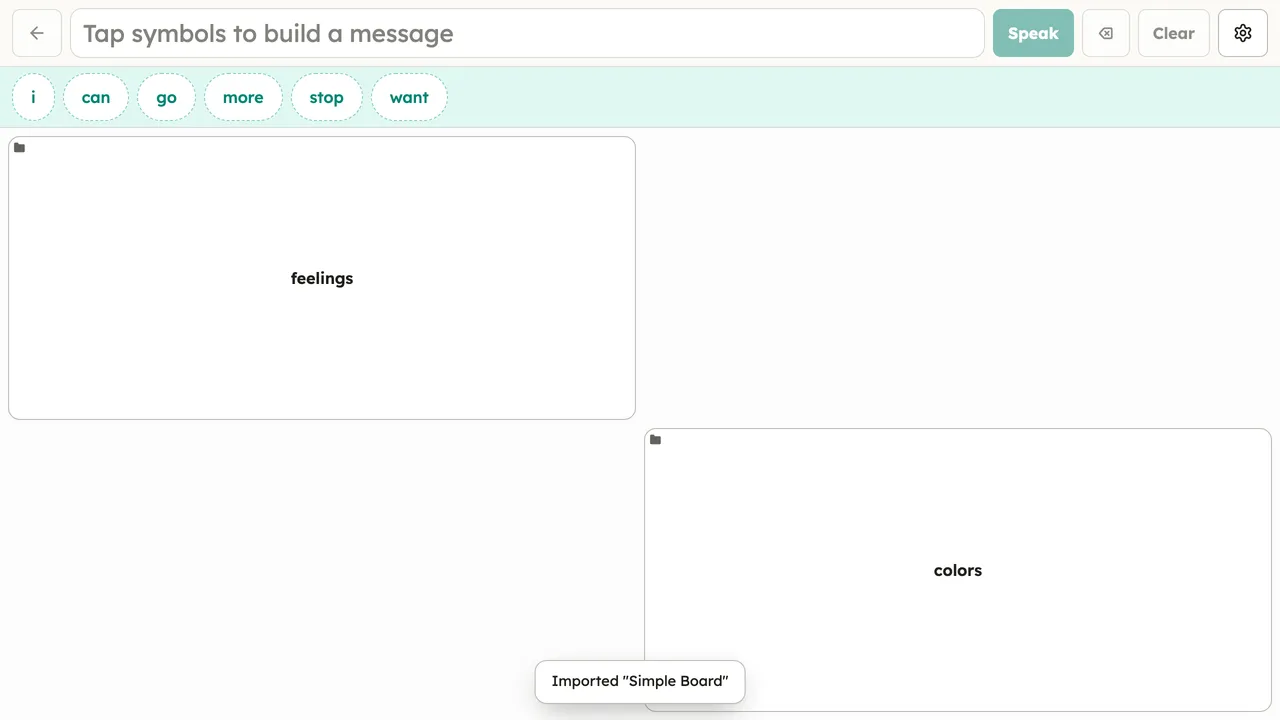 An imported multi-board set (the links.obz sample) whose "feelings" button is a folder that opens a sub-board, shown with the default corner-mark folder style. Desktop, light theme.