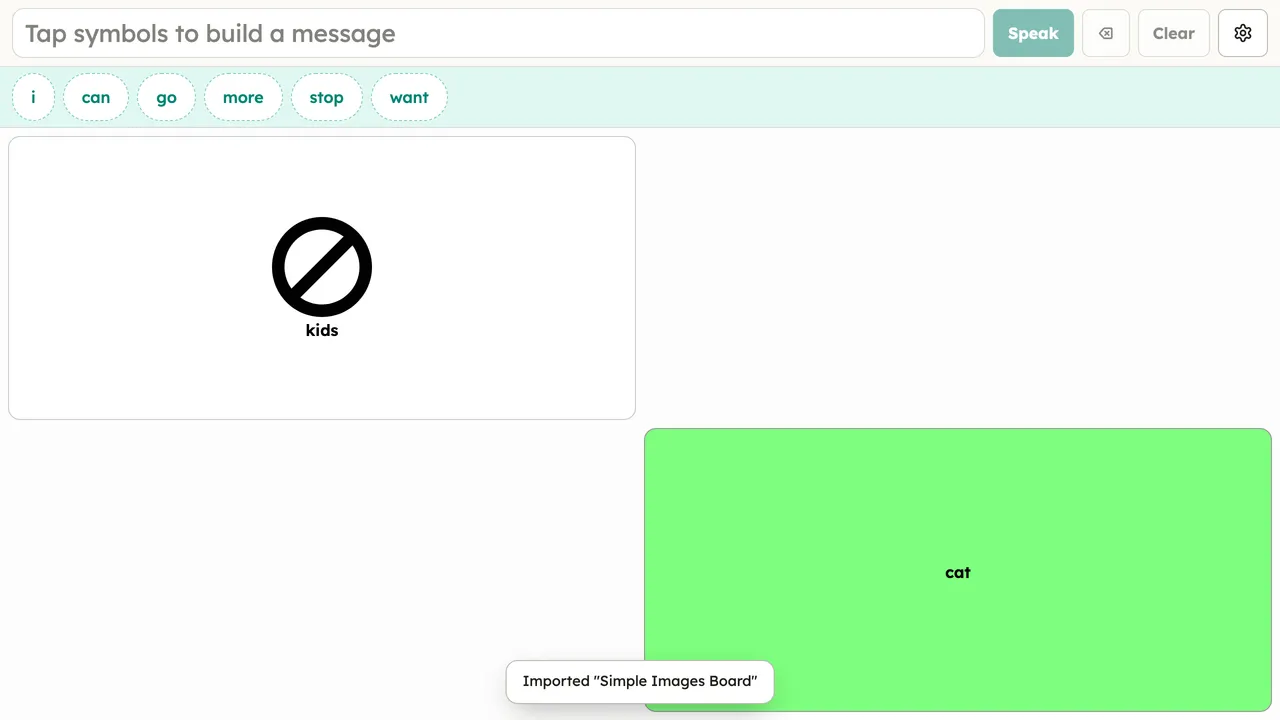 The communicate view after importing the simple.obf sample board (a small single board including a "kids" button) — what a fresh import looks like in place of the starter board. Desktop, light theme.