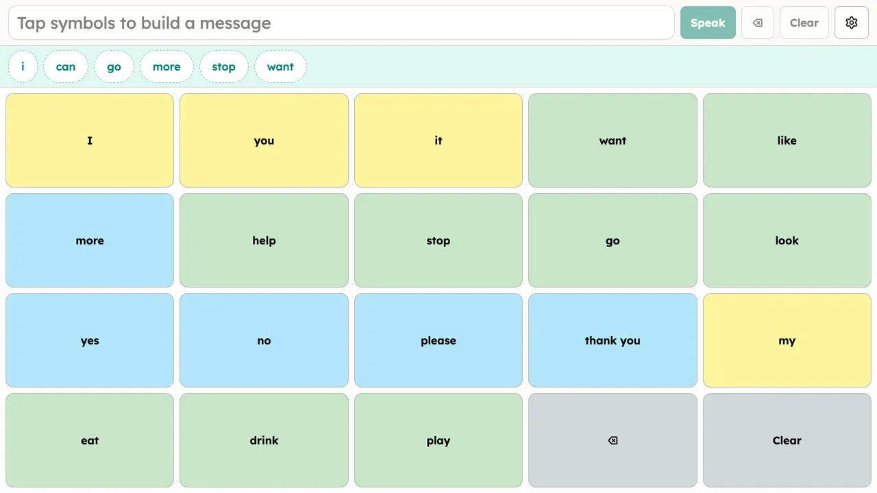 The Public AAC communicate view: a 4×5 core words board with a message bar and Speak button.