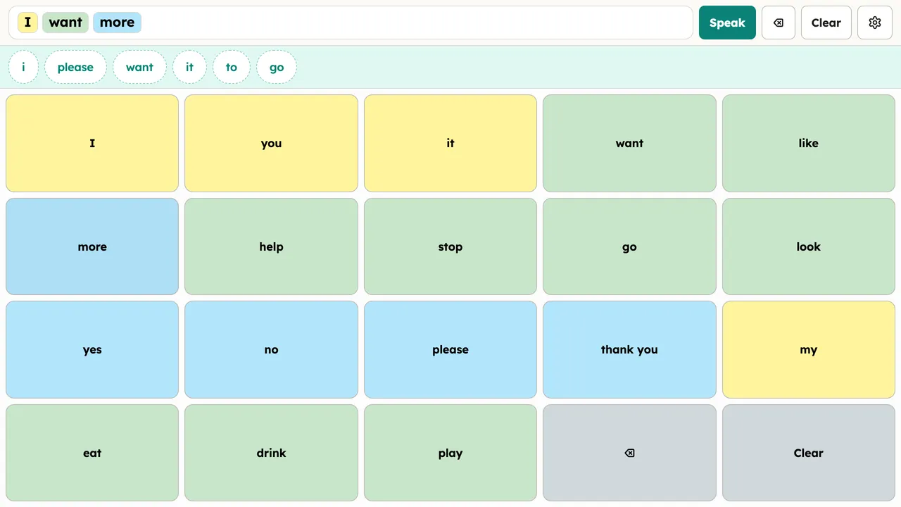 The communicate view with the message "I want more" composed in the message bar (mini word cards) above the Core Words board, ready to speak. Light theme, desktop.