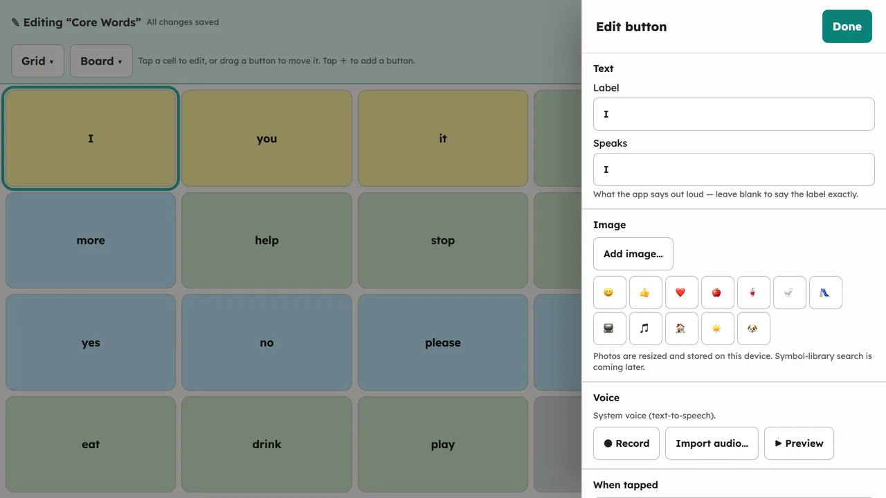 The Edit button dialog open over the board in edit mode for the "I" button, showing the Label field and the button's other properties. Desktop, light theme.