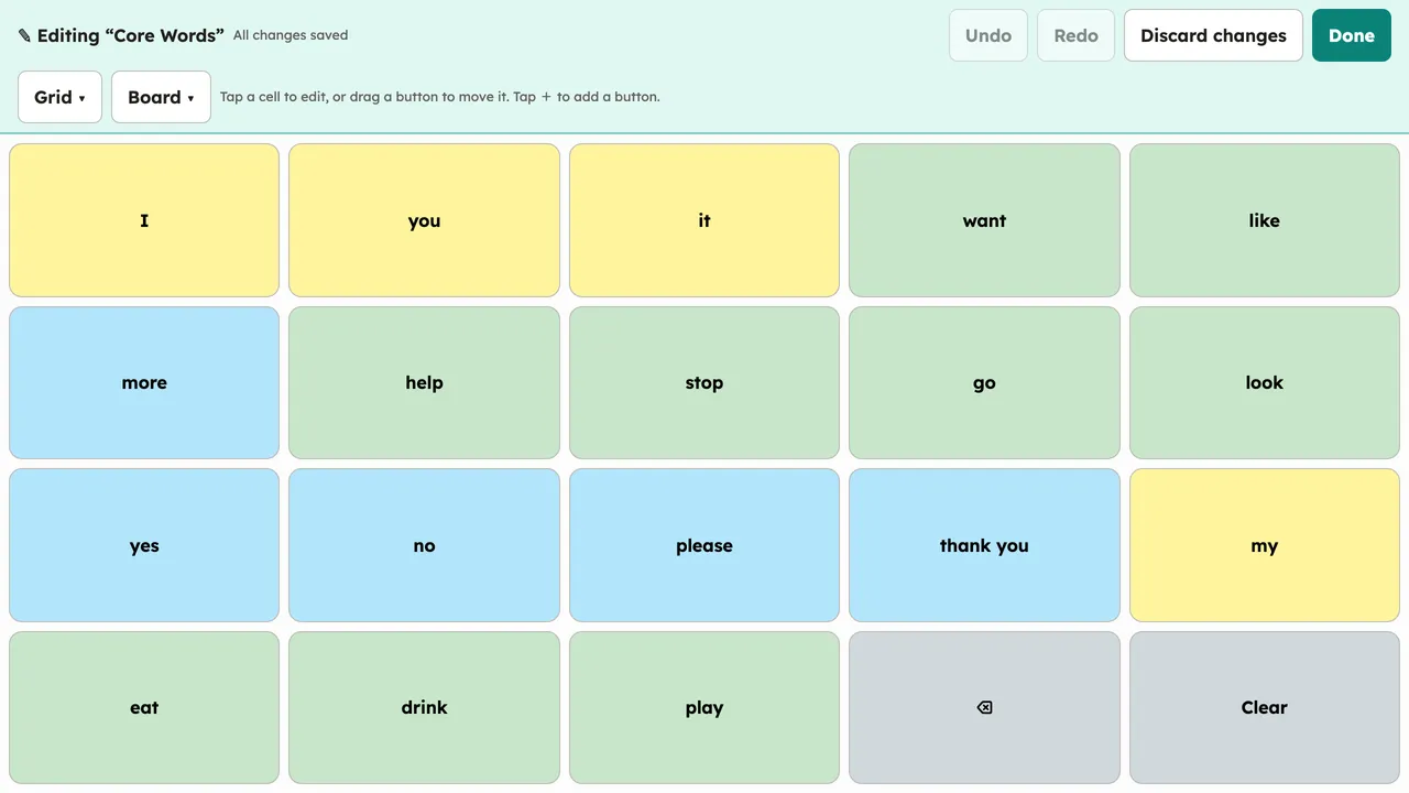 The Core Words board in edit mode: the Editing toolbar replaces the message bar and every cell shows its edit affordance. Reached via Setup → Edit board. Desktop, light theme.