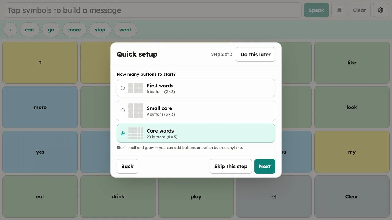 Step 2 of the first-run Quick setup wizard: the starter-size choices (First words 2×3, Small core 3×3, Core words 4×5) as radio cards with mini grid previews. Desktop, light theme.