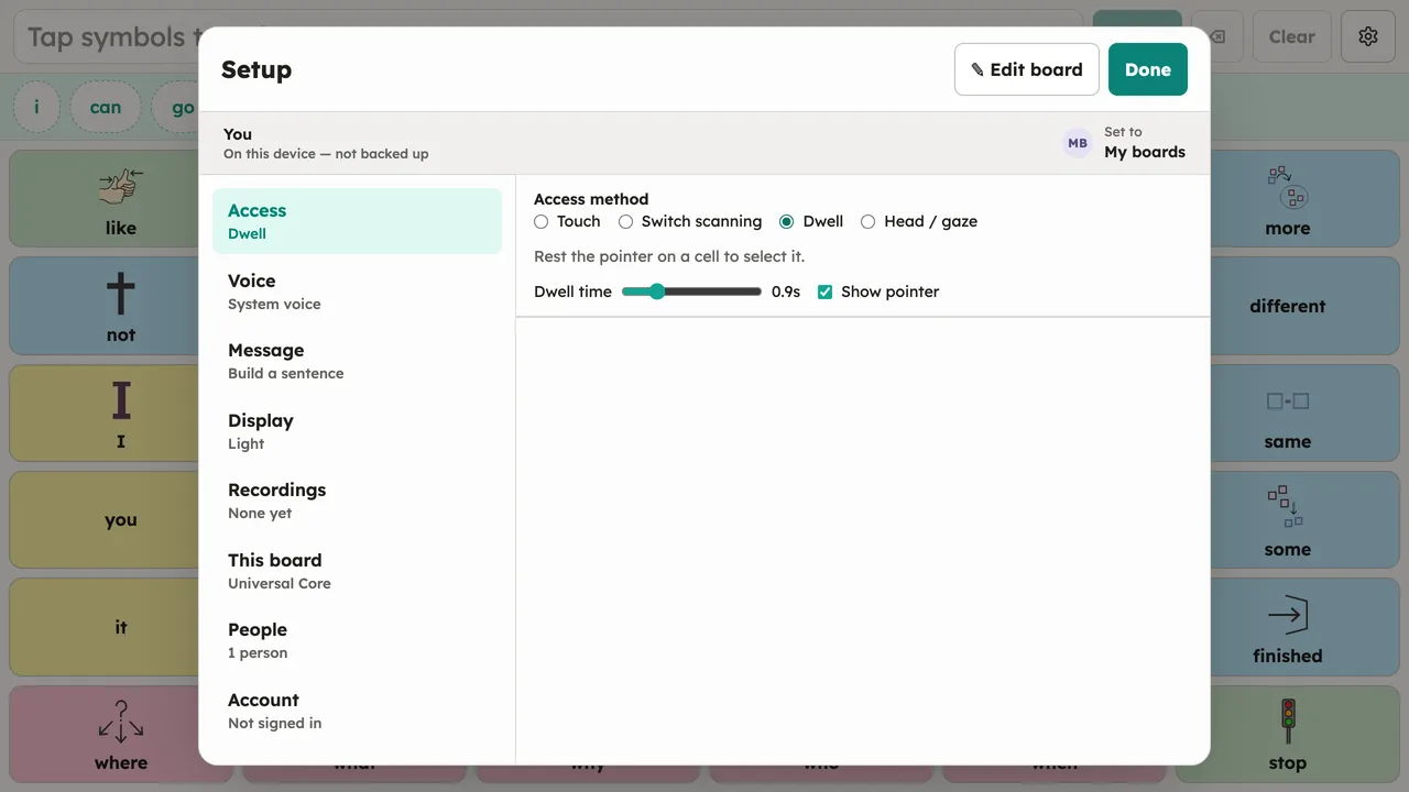 The Access panel with Dwell selected, revealing the dwell timing options (Dwell time slider and Show pointer) below the access-method radios. Desktop, light theme.