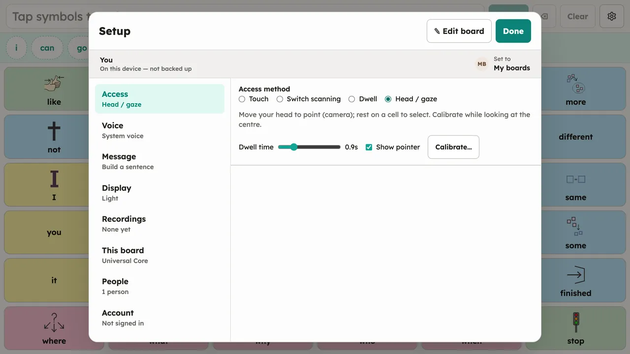 The Access panel with Head / gaze selected, revealing the dwell timing options plus the Calibrate… button that gaze pointing adds. Desktop, light theme.