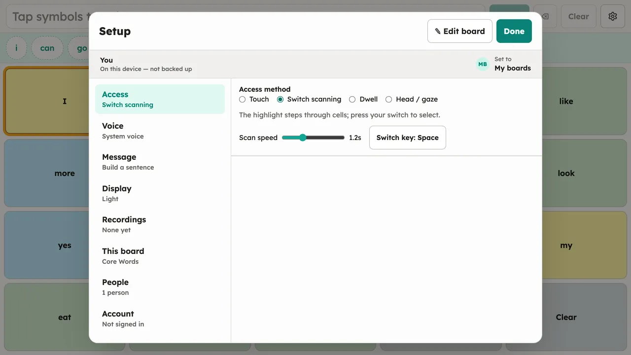 The Access panel with Switch scanning selected, revealing the scanning options (switch key and timing) below the method radios. Desktop, light theme.