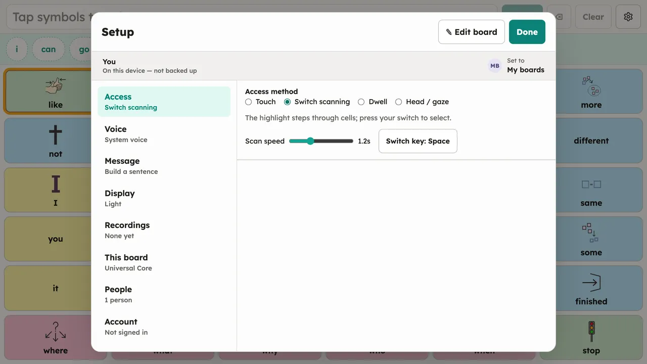 The Access panel with Switch scanning selected, revealing the scanning options (switch key and timing) below the method radios. Desktop, light theme.