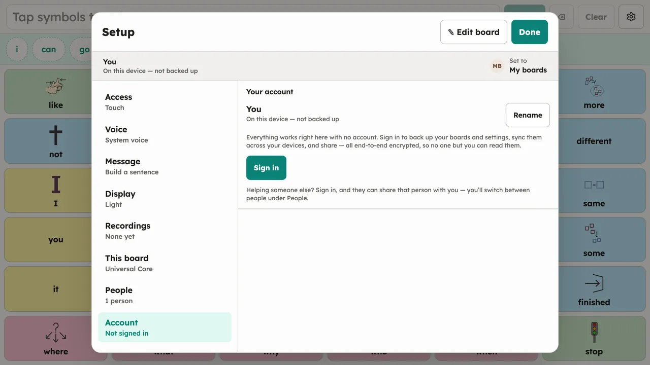 The Setup dialog with the Account section open while signed out: "On this device — not backed up", the note that everything works with no account, and the Sign in button. Desktop, light theme.