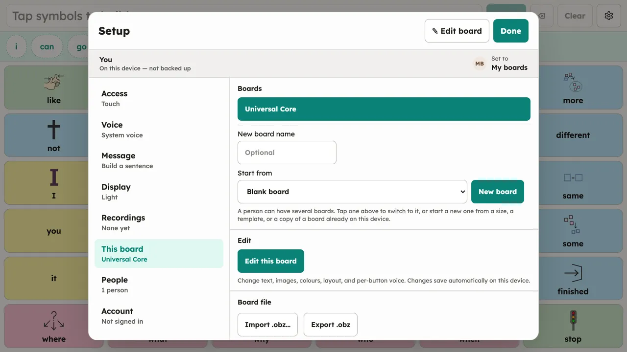 The Setup dialog with the This board section open for the Universal Core board: switching boards, editing, and the Import/Export controls. Desktop, light theme.