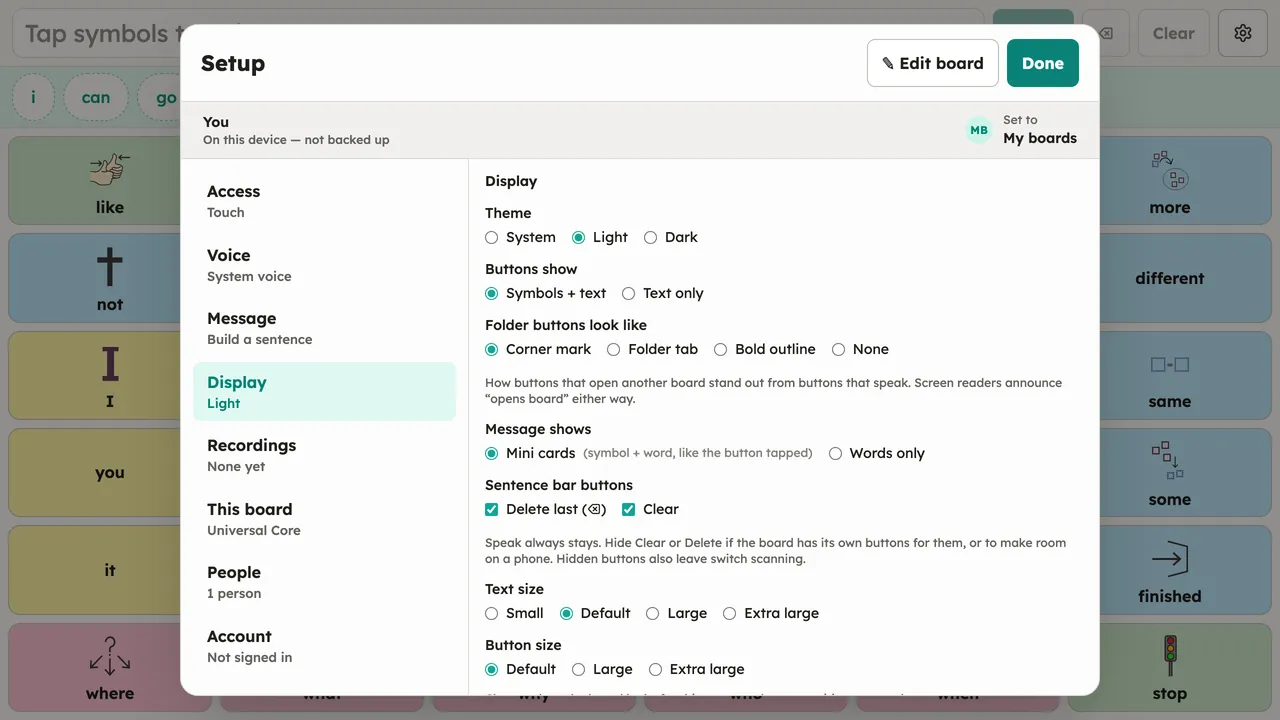 The Setup dialog with the Display section open: theme radios (System/Light/Dark), button content, folder-button style, message style, sentence-bar controls, text size, and button size options. Desktop, light theme.