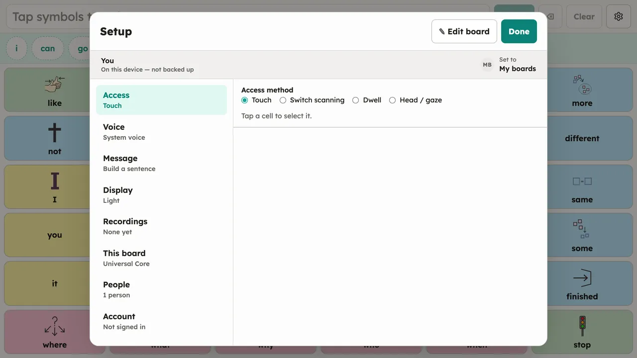 The Setup dialog open over the Universal Core board: the eight section rows (Access, Voice, Message, Display, Recordings, This board, People, Account) with live value summaries. Desktop shows master-detail with the Access panel auto-selected; the phone variant shows the home list filling the sheet. Light theme.