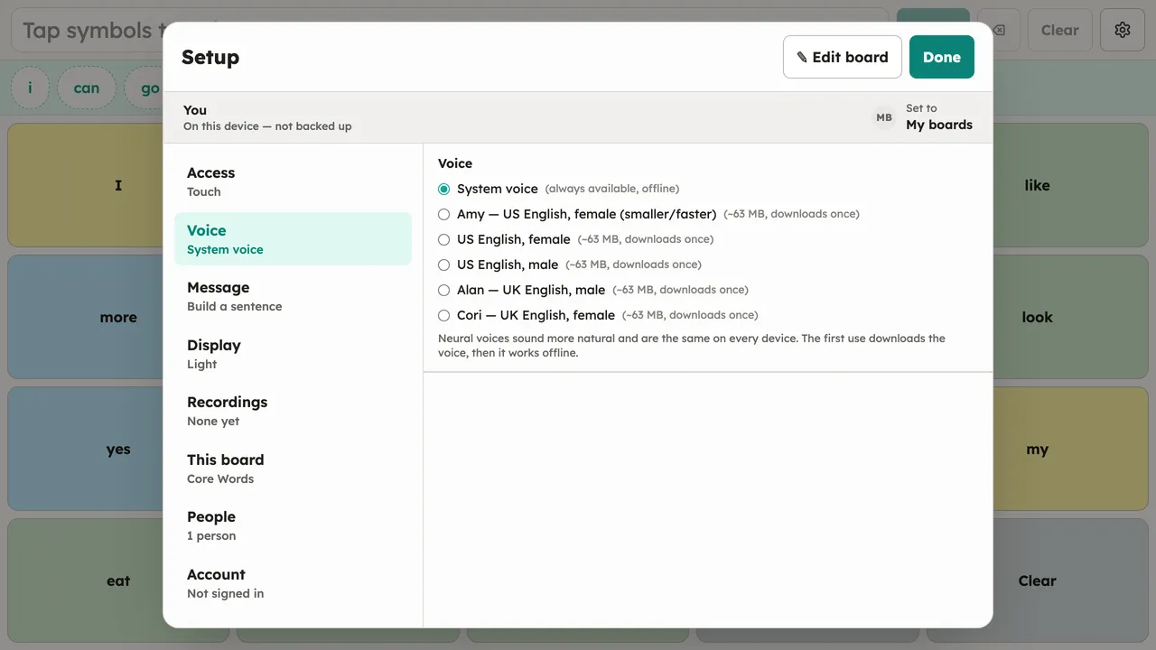 The Setup dialog with the Voice section open: System voice selected, with the downloadable offline neural voices listed below it. Desktop, light theme. (The system-voice list varies by machine.)
