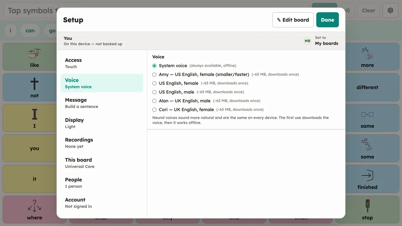 The Setup dialog with the Voice section open: System voice selected, with the downloadable offline neural voices listed below it. Desktop, light theme. (The system-voice list varies by machine.)